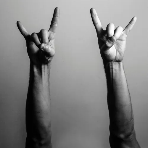 two raised hands with metal horns palms